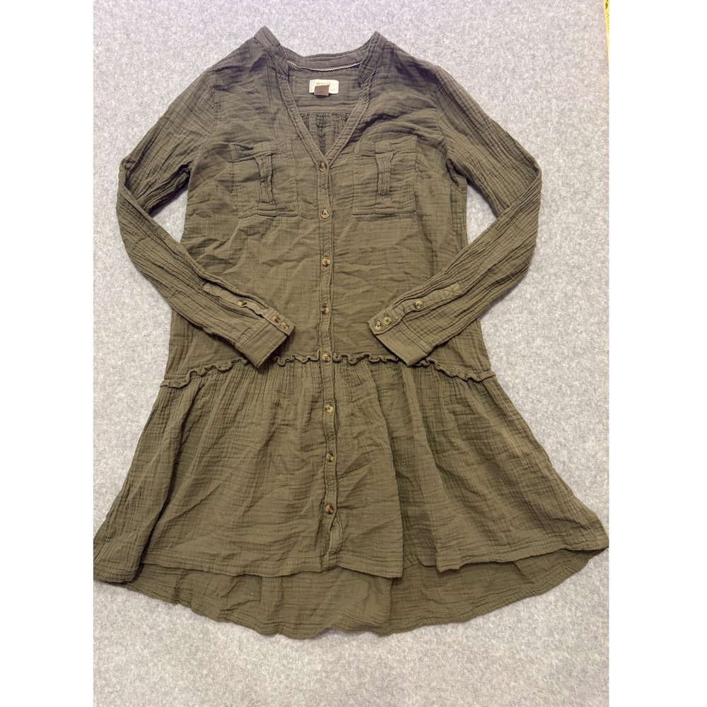 Maeve Anthropologie Olive Green Cotton Gauze Tiered Button Down Dress Size 2‎